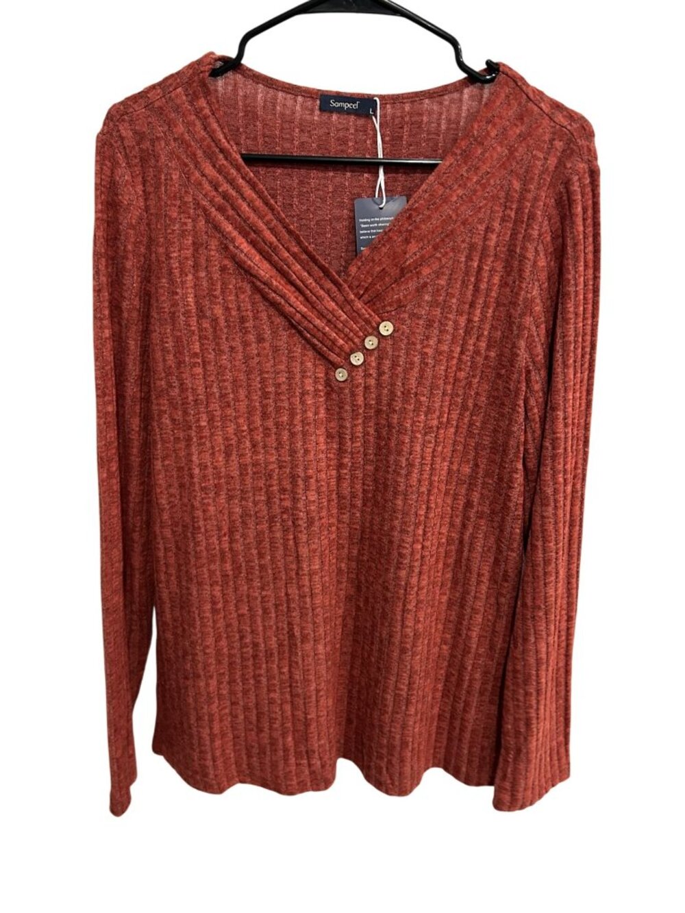 Sampeel Ribbed Long Sleeve V-Neck Top Rust Orange Sz Large Textured Cozy NWT